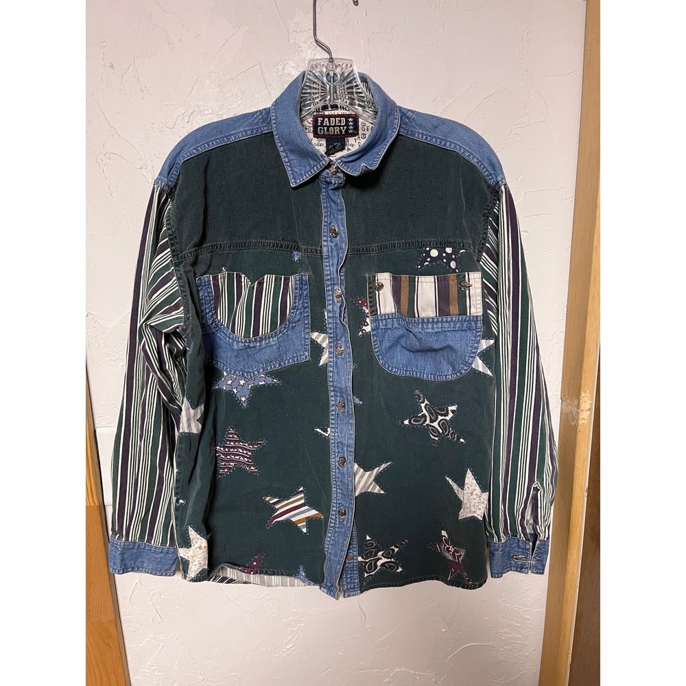 Faded Glory Womens Vintage Patchwork Star Denim Striped Button Down Shirt Medium